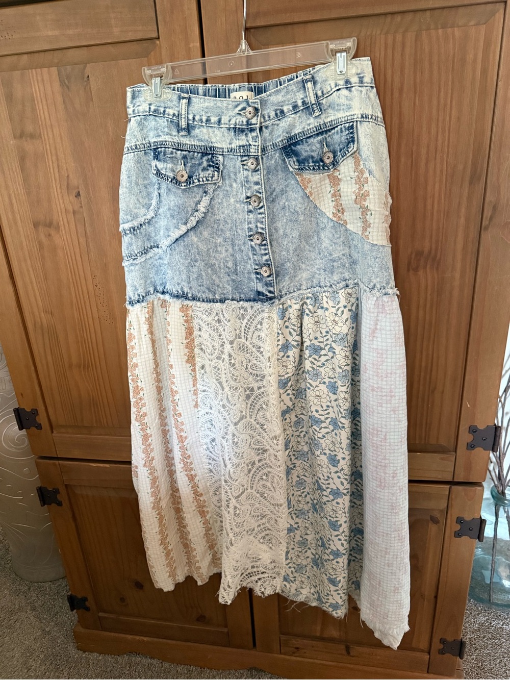 POL Patchwork Maxi Skirt in Light Blue Denim and Cream
